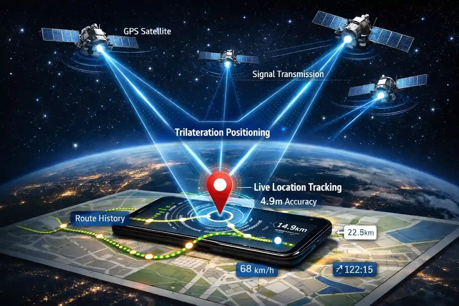 GPS satellites send signals to a smartphone to calculate location using trilateration